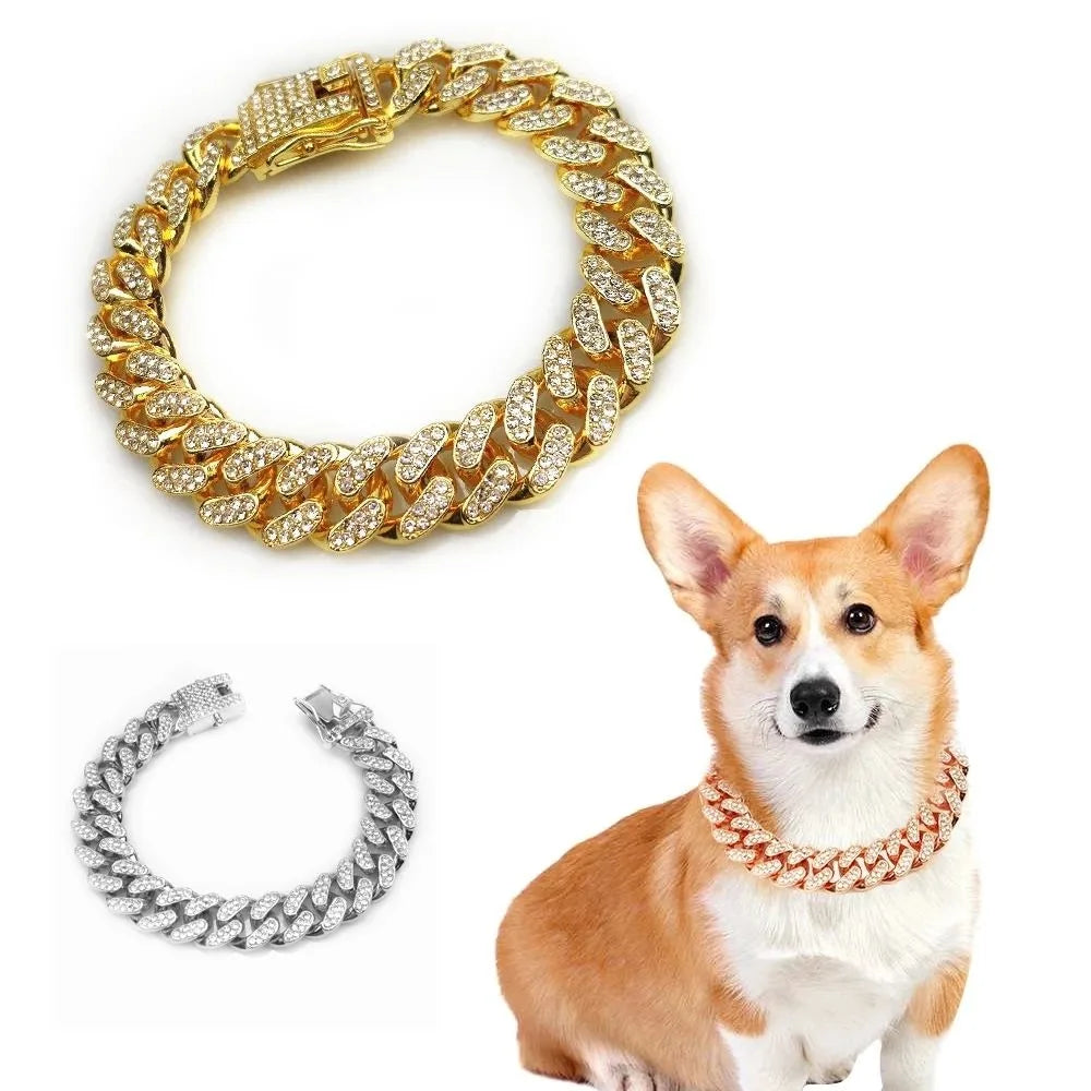 Coleira canina luxuosa com strass brilhante - inoxidável