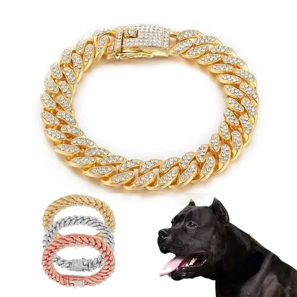 Coleira canina luxuosa com strass brilhante - inoxidável