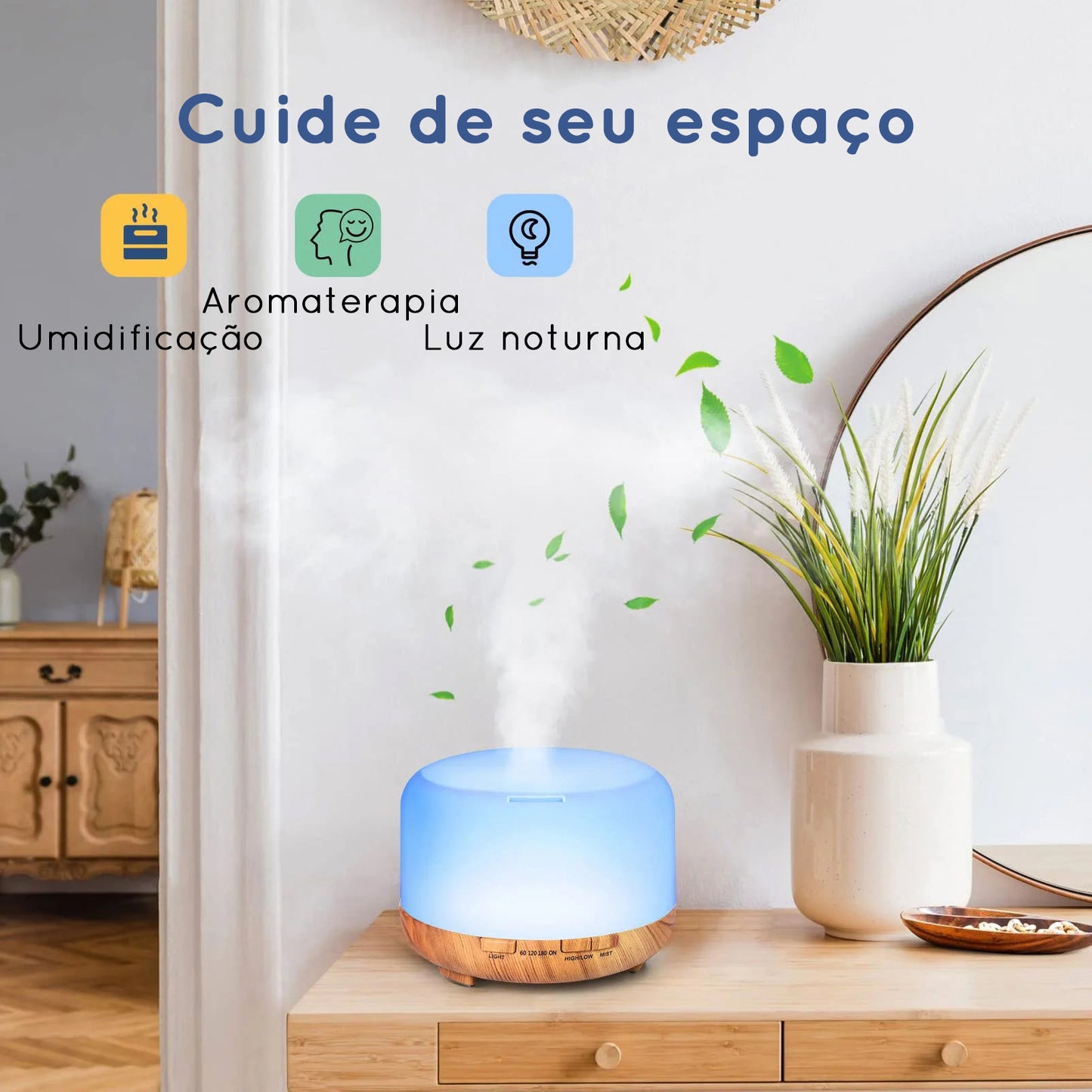 Umidificador, difusor de aromas, luz noturna - 3 em 1