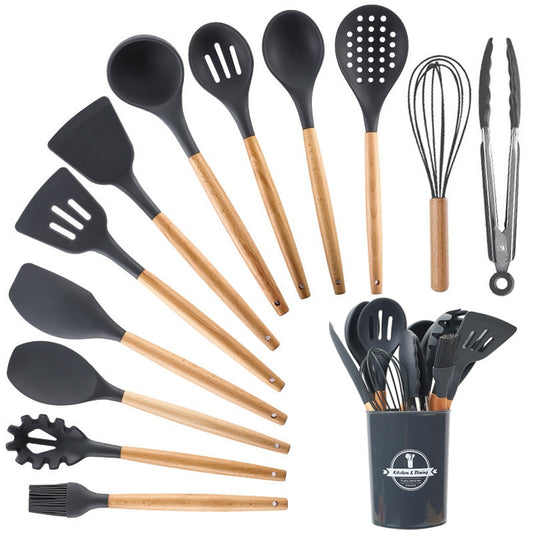 Kit utensílios de cozinha em silicone e madeira ecológica com baldinho